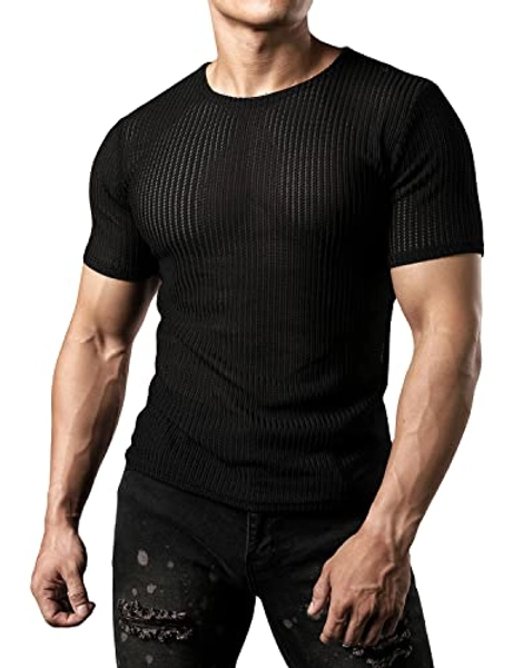 JOGAL Men's Mesh See Through Fitted Short Sleeve Muscle Top