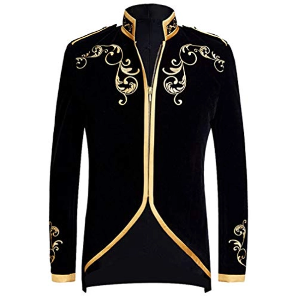 PYJTRL Mens Stylish Court Prince Black Velvet Gold Embroidery Blazer Suit Jacket