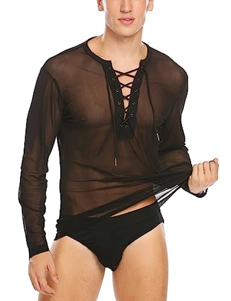 COOFANDY Mens Sexy Lace up See Through Long Sleeve T Shirt Mesh Undershirts