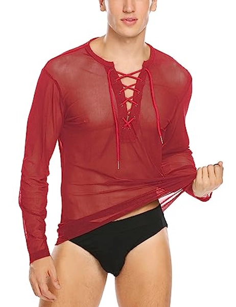 COOFANDY Mens Sexy Lace up See Through Long Sleeve T Shirt Mesh Undershirts