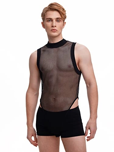 WDIRARA Men's Fishnet Mesh Mock Neck Tank Tops Sleeveless Tee Tops Bodysuit