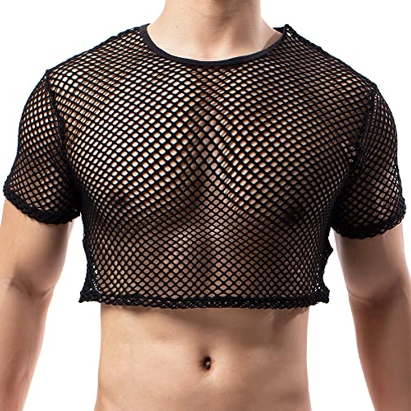 QiaTi Men's Fishnet Shirts Mesh Crop Top See Through Round Neck Short Sleeve Sexy Muscle Tee