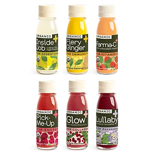 Greenhouse Juice Organic Variety Pack Wellness Shots 12-Count 60ml Glass Bottles | Includes: (2) Fiery Ginger, (2) Farma-C+, (2) Inside Job, (2) Pick-Me-Up, (2) Lullaby & (2) Glow | Vegan & Gluten-Free - Variety Pack - 60 ml (Pack of 12)