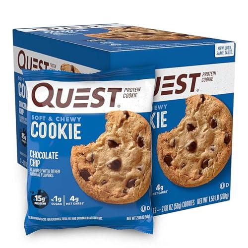 Quest Nutrition Chocolate Chip Protein Cookie, High Protein, High Fibre, Low Sugar, Keto Friendly, 15g Protein, 1g Sugar, 12ct - Chocolate Chip Cookie