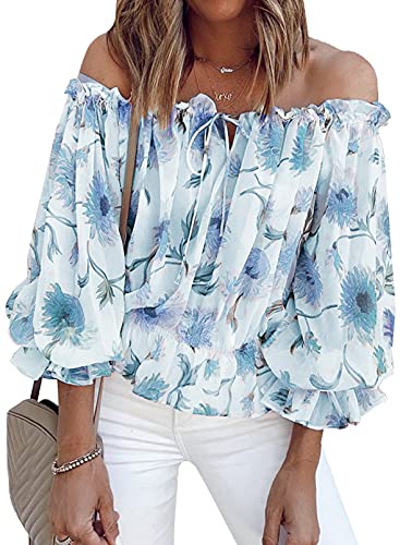 BLENCOT Women's 3/4 Ruffle Sleeve Off Shoulder Chiffon Blouse Summer Floral Print Casual T Shirts - Floral Print Sky Blue