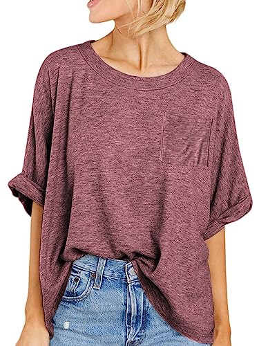 Famulily Women Oversized T-Shirts Crewneck Short Bawting Sleeve Summer Tops Solid Soft Casual Tee Shirts with Pockets - Rust Red