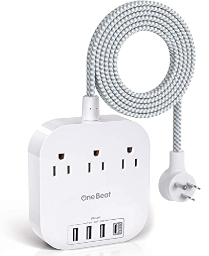 Power Bar Power Strip with USB C, 3 Outlets 4 USB Port Desktop Charging Station, Flat Plug, Braided Extension Cord, Non Surge Protector for Travel, Cruise Ship (5FT) - 5FT