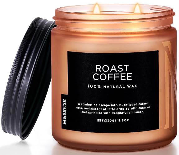 M&SENSE Coffee Candles Scented Strong, 2 Wick Jar Candle 11.6oz, 70 Hours Burning Time, Organic Natural Soy Wax Candle for Bedroom Kitchen Home Decor, Housewarming Gift for Men and Women - Roasted Coffee