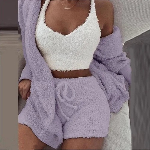 Cozy Fluffy Winter Pajama Set: Women's 3-Piece Leisurewear - 4 / S