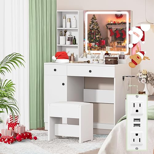 YIKEHOME Vanity Desk with Mirror and Lights, Vanity with 3-Colour Hollywood Brighter Bulbs, Makeup Table with Drawers & Cabinet for Bedroom, White - 023 White with LED Light