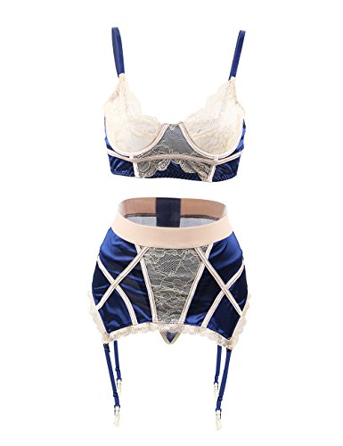 ohyeah Lace Bra and Garter Set High Waist Garter Belt Plus Size Vintage Lingerie Set with Garter for Women Big Size - Style2: Blue - XX-Large