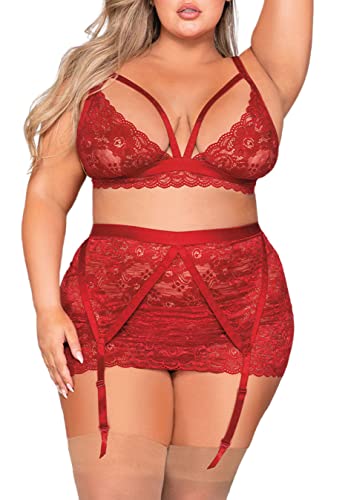 AIBINGGE Plus Size Lingerie Set for Women Floral Lace Scallop Trim Bra high waist skirt Garter Lingerie Set - XX-Large - Red