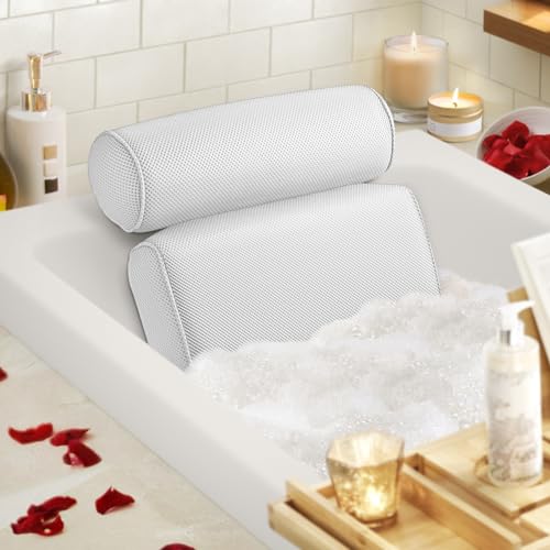 LuxStep Bath Pillow Bathtub Pillow with 6 Non-Slip Suction Cups,14.6x12.6 Inch, Extra Thick and Soft Air Mesh Pillow for Bath - Fits All Bathtub, White - 14.6x12.6 Inch - White