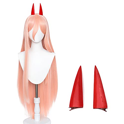 Aicos Long Pink Cosplay Wig for Anime Role Cosplay, Pink Wigs with Horns for women, Cute Costume Wig with a Free Wig Cap - Pink Power+Horns