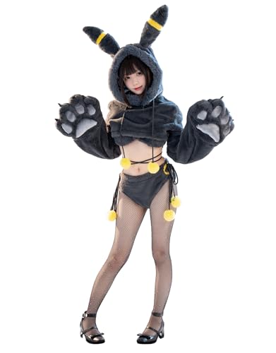 Mobbunny Anime Cosplay Lingerie Black Fluffy Paw Hoodie Lingerie Set for Women Fuzzy Bra and Panty Homewear with Tail - Medium - Black