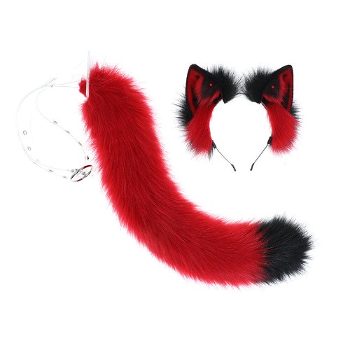 Red Wool Kitten Tail & Ears - Red Black