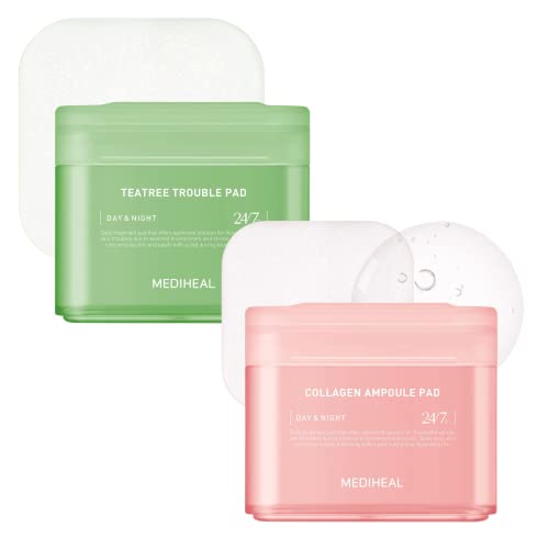 MEDIHEAL Toner Pad Set Collagen Teatree – Square Cotton Facial Toner Pads Collagen & Teatree - Skin Firming & Restore Elasticity & Calm Sensitive & Acne Prone Skin 200 Pads - Collagen + Teatree Pad
