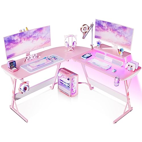 MOTPK Pink Gaming Desk with LED Lights, Carbon Fiber L Shaped Gaming Desk, Corner Gaming Table L Shape, Gamer Desk with Monitor Stand & Cup Holder & Headphone Hook, 51 Inch, for Women & Girls Gift - Pink