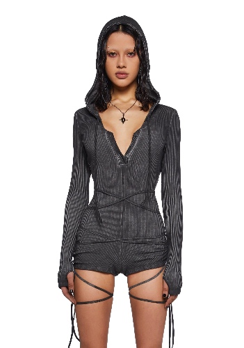 Crossfade Hooded Long Sleeve Romper - Black | BLACK / Medium