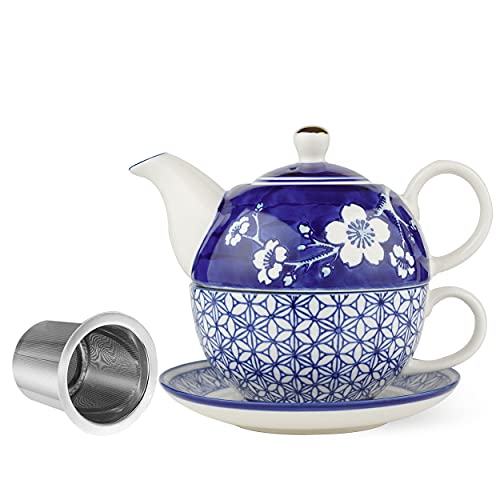 Taimei Teatime Ceramic Tea for One Set, 19.6oz Teapot Set for One with Tea Cup and Saucer Set, Handpainted Cherry Blossom Pattern Tea Gift Set for Women, Tea Set Gift for Adults