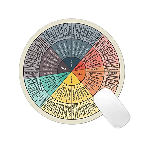 Yokepoh Emotions Feelings Wheel Chart Round Mouse Pad Non-Slip Gaming Mouse Pad Computer Pc Mental Health Mousepad Rubber Base for Therapy Office Home 7.8x7.8 Inch, Black, one size