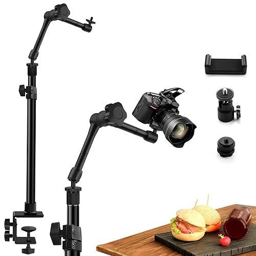 Obeamiu Camera Desk Mount Stand, 11 Inch Magic Arm with 1/4" Screw Thread, 15.5-25.5 Inch Tabletop Clamp Mount Stand for DSLR Camera Rig/Ring Light/Self Broadcasting /Live Streaming/Online Working - Black
