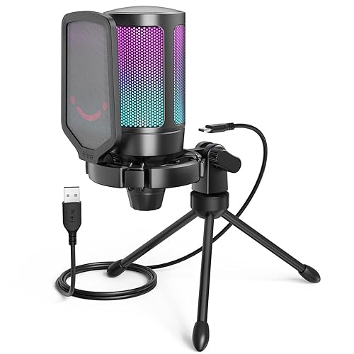 FIFINE Gaming USB Microphone for PC PS5, Condenser Mic with Quick Mute, RGB Indicator, Tripod Stand, Pop Filter, Shock Mount, Gain Control for Streaming Discord Twitch Podcasts Videos- AmpliGame - Black