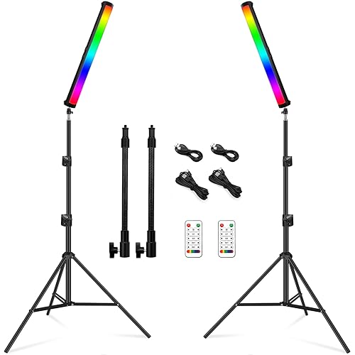 RGB Led Video Light Stick Wand with Stand, QEUOOIY 360° Full Color 2500-9500K Portable Studio Photography Lighting, 5000mAh Rechargeable Battery & Magnet with 27"-78.7" Tripod for Vlog - 2Pcs RGB Light Wand & 78.7'' Tripod