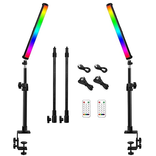 RGB Led Video Light Stick Wand with Stand, QEUOOIY 360° Full Color 2500-9500K Portable Studio Photography Lighting, 5000mAh Rechargeable Battery &Magnet &15-25" C Clamp Desk Mount Light Stand for Vlog - 2Pcs RGB Light Wand & 25.5'' Stand