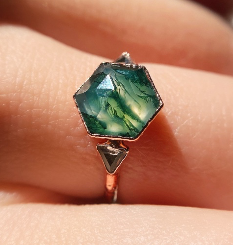 Hexagonal Moss Agate Ring