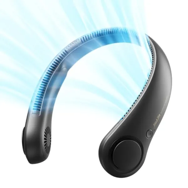 JISULIFE Portable Neck Fan, Hands Free Bladeless Fan, 4000 mAh Battery Operated Wearable Personal Fan, Leafless, Rechargeable, Headphone Design,3 Speeds Gifts for Women Men-Black