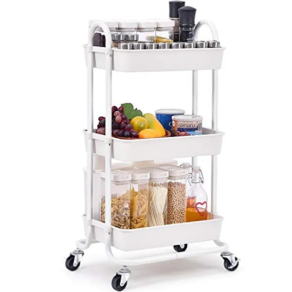 TOOLF Utility Rolling Cart with Lockable Wheels, Multi-Purpose Storage Organizer, Organizer Trolley with Handles, Serving Trolley with Mesh Basket for Home, Office, Kitchen, Bathroom (White)