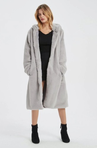 Faux Fur Coat for Women with Hood and Pockets - Gray / M