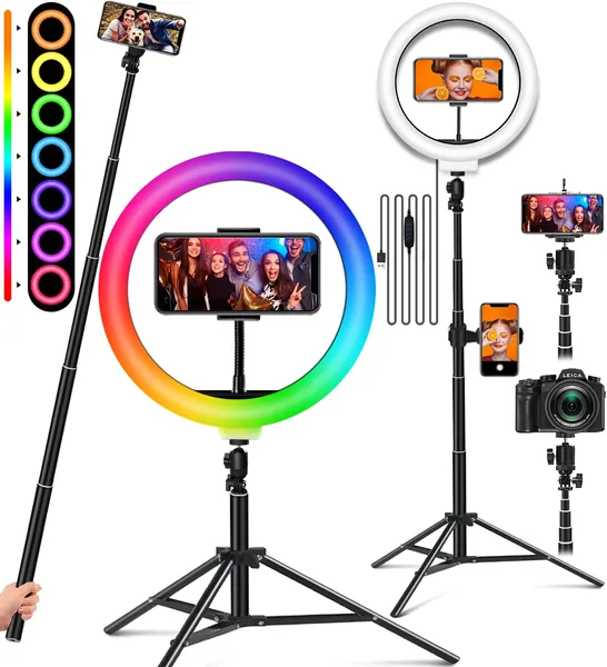Selfie Ring Light with Stand and Phone Holder, RGB 10'' Ringlight for Photography/YouTube/Video Recording/Vlogs/Makeup/Live Stream/TikTok, LED Dimmable Desktop Light Ring, Gifts for Christmas, Party - RGB
