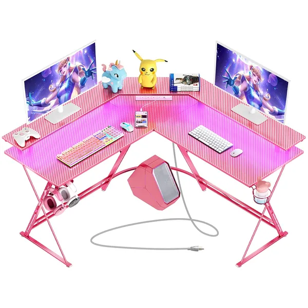 SEVEN WARRIOR Gaming Desk 50.4” with LED Strip & Power Outlets, L-Shaped Computer Corner Desk Carbon Fiber Surface with Monitor Stand, Ergonomic Gamer Table with Cup Holder, Headphone Hook, Pink - 
