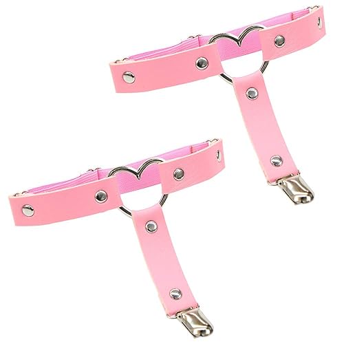 Garters Belt Adjustable Love Heart Leg Garter with Buckle Anti-Slip Clips Elastic Punk 1 Pair - Pink