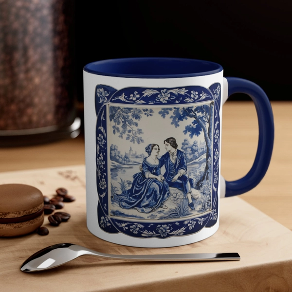 Pride and Prejudice Porcelain Delft Tile Inspired Coffee Mug, 11oz