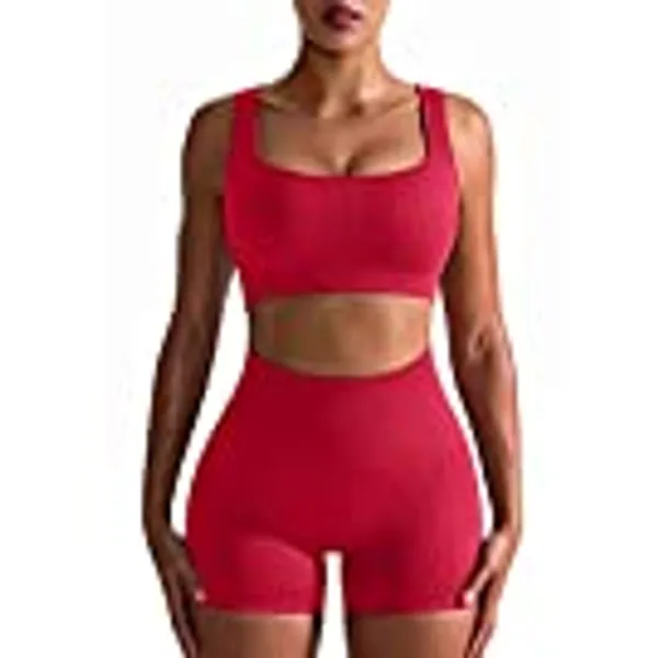 OQQ Workout Outfits for Women 2 Piece Seamless Ribbed High Waist Leggings with Sports Bra Exercise Set