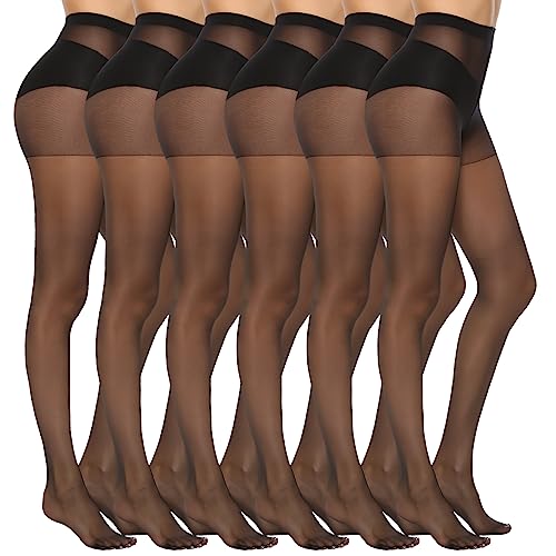 MANZI 6 Pairs Women's 20D Sheer Silky Pantyhose Run Resistant Nylon Tights High Waist Stockings with Control Top - Medium - 6 Pairs Black
