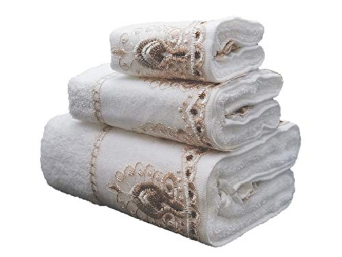 Marina Decoration Premium Luxury Decor Ultra Soft 100% Cotton Sheer Lace Bathroom Modern 3 Piece Towel Set, White Color - White