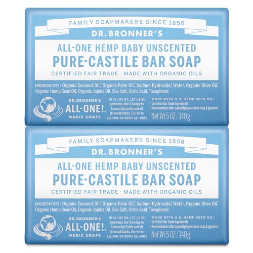 Dr. Bronner's Pure-Castile Bar Soap, 140g (Pack of 2) | Organic Oils, For Face, Body, Hair, Gentle for Sensitive Skin, Babies, No Added Fragrance, Biodegradable, Vegan | Unscented