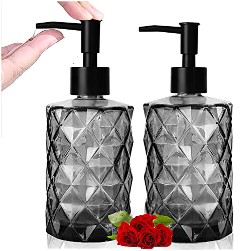 12Oz Glass Soap Dispenser,2Pcs Refillable Lotion Soap Dispenser with Press Pump,Diamond Design Hand Soap Dispenser for Lotion,Liquid Soap Dispenser for Hotel & Bathroom - Black - 2Pcs