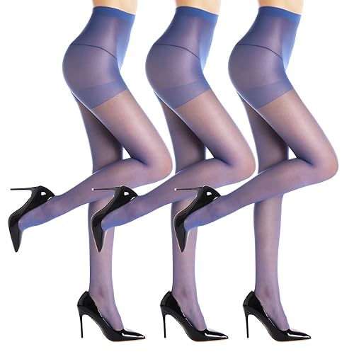 3 Pairs Women's Sheer Tights - 20D Control Top Pantyhose with Reinforced Toes - Medium - Blue