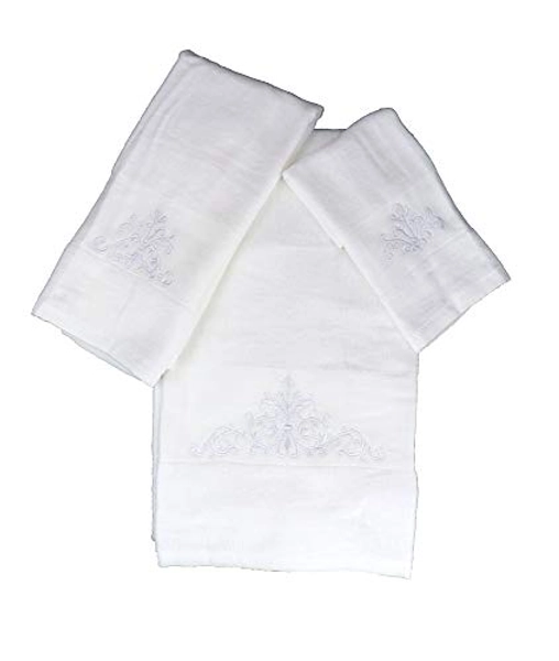 Marina Decoration Premium Luxury Decor Ultra Soft 100% Cotton Embroidered Bathroom Modern 3 Piece Towel Set, White Blazon with White Base Pattern