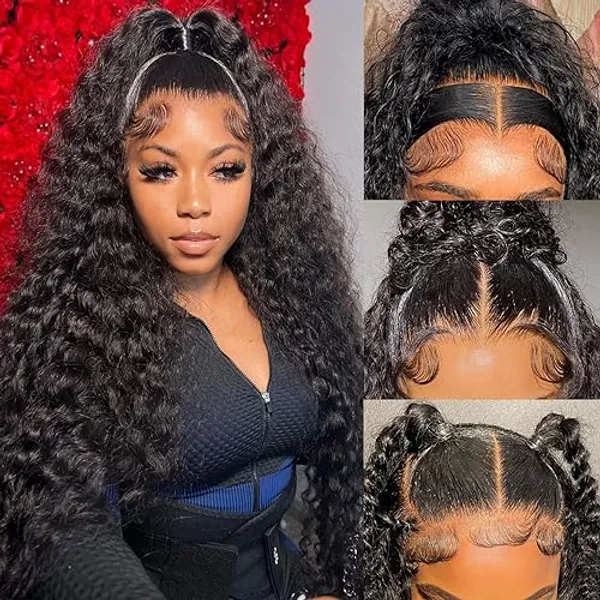 LRV 28 Inch Deep Wave Lace Front Human Hair 13x4 HD Deep Wave Wig For Women Brazilian Frontal Human Hair Waterwave Wet and Wavy Lace Front Wig Pre Plucked 180 Density - 28 Inch - Natural Black Deep Wave Lace Front Wigs Human Hair