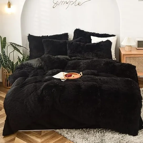 MorroMorn 5 PCS Shaggy Duvet Cover Bedding Set - Fluffy Comforter Cover Long Faux Fur Luxury Ultra Soft Cozy (Black, Full/Queen) - Black - Full/Queen