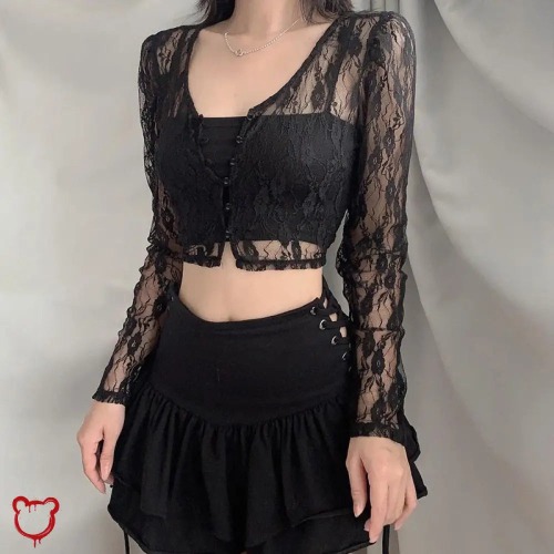 "Babe's Gothic Lace Crop Top" - Black / L