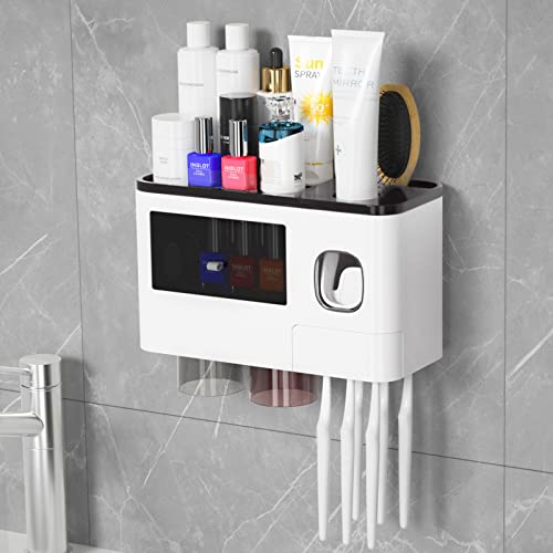 Toothbrush Holder Wall Mounted, EAGMAK Automatic Toothpaste Dispenser Squeezer Kit, Bathroom Organization and Storage with 1 Cosmetic Drawer, 2 Magnetic Cups, 6 Toothbrush Slots and Storage Shelf - White & Black (2 Cups)