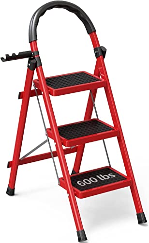 3 Step Ladder-3 Step Ladder Folding Step Stool-Step Ladder 3 Step Folding with Anti-Slip Wide Pedal&Convenient Handgrip-Sturdy Steel Ladder Portable for Home,Office - Red-02