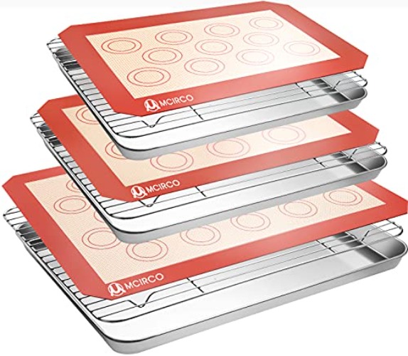 Stainless Steel Baking Sheet Tray Cooling Rack with Silicone Baking Mat Set, Cookie Pan with Cooling Rack, Set of 9 (3 Sheets + 3 Racks + 3 Mats), Non Toxic, Heavy Duty & Easy Clean - 9pcs